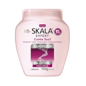 Pote do Creme de Tratamento Skala Ácido Glicólico, indicado para cabelos danificados e opacos, que promete renovar os fios, proporcionar brilho intenso e maciez desde a primeira aplicação.