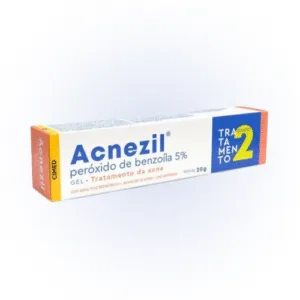 Bisnaga do Gel Acnezil 5%, tratamento para espinhas e acne, que ajuda a secar inflamações, reduzir a vermelhidão e melhorar a aparência da pele em poucos dias.