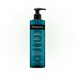 Frasco do Gel de Limpeza Facial Principia GL01, indicado para todos os tipos de pele, que remove impurezas e oleosidade sem ressecar, deixando a pele limpa, suave e equilibrada.