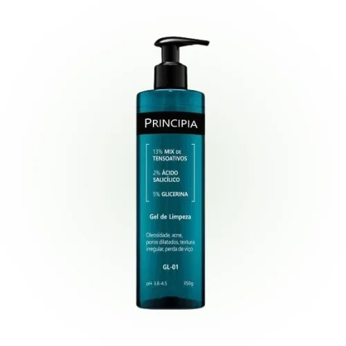 Frasco do Gel de Limpeza Facial Principia GL01, indicado para todos os tipos de pele, que remove impurezas e oleosidade sem ressecar, deixando a pele limpa, suave e equilibrada.