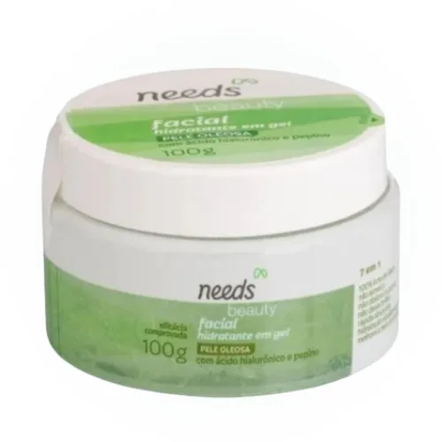 Pote do Hidratante Facial em Gel 7 em 1 Needs, com Ácido Hialurônico e Extrato de Pepino, indicado para todos os tipos de pele, que oferece hidratação profunda, ajuda a controlar a oleosidade e deixa a pele com toque leve e sensação de frescor.