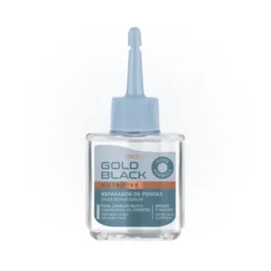 Frasco do Reparador de Pontas Amend Gold Black Nutritivo Ultra, indicado para cabelos secos e danificados, que ajuda a reduzir o frizz, selar as pontas duplas e proporcionar brilho e maciez intensos aos fios.